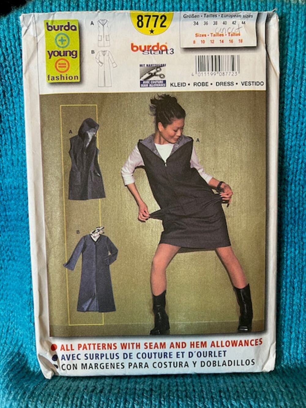 Burda 8772 sewing pattern womens jumper dress long sleeve hood